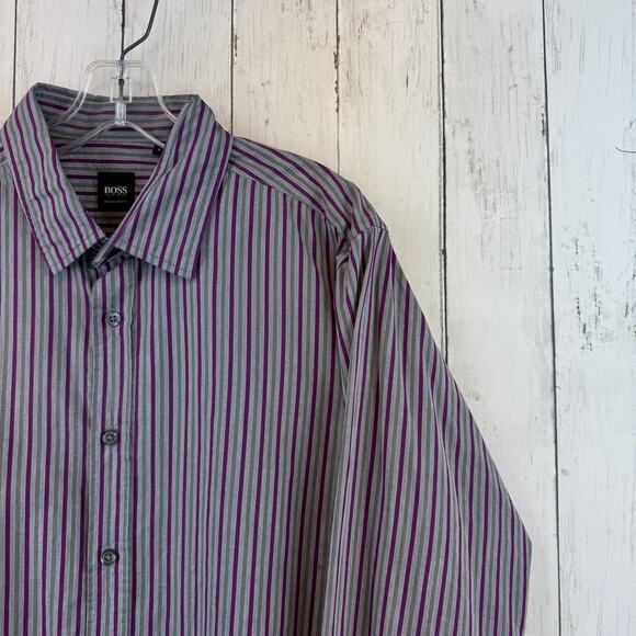 Hugo Boss Purple/Grey Striped Cotton Regular Fit Button Down Shirt Size Large - Picture 2 of 15